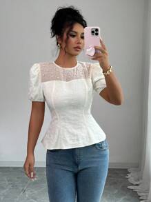 Elenzga Puff Sleeve Ruffled Hem Square Neck Square Neck Waist Decorated Pearl Detail Elegant Romantic Cream Yellow Ladies Blouse