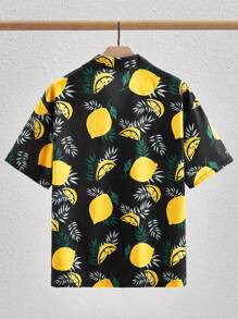 HIMLAND Camisa de manga corta con cuello de solapa estilo campamento, con estampado de limón, informal para hombres