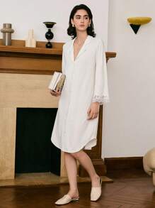 Moireta 女士简约优雅刺绣蕾丝拼接翻领睡裙，秋冬款 - 白色 - 查看 6