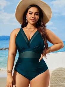 SHEIN Swim Curve Summer Plus Size Women 1PC Solid Color V-Neck Mesh Patchwork Sexy Elegant One-Piece Swimsuit, Leisure Vacation