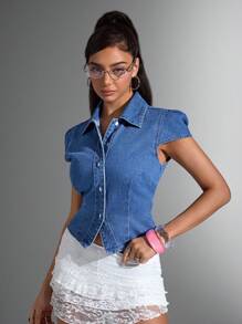 Jeanoix Chaqueta de mezclilla con cuello vuelto y botones, manga corta - Azul lavado medio - Ver 3