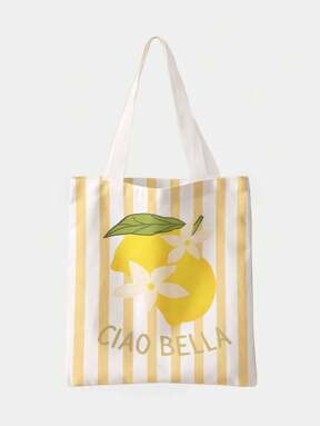 Fairycore Reusable Yellow Striped & Lemon Floral Print Canvas Tote Bag, Shoulder Bag With Graphic Prints, Suitable For Shopping, Back To School