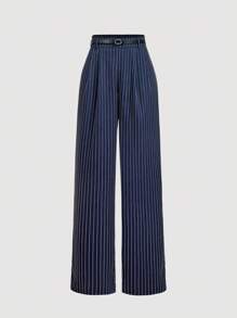 SHEIN MOD Women's Navy Blue Striped Waist Wide Leg Formal Trousers With Belt,Vintage,Business Casual Woman,Elegant,Goth,Teacher,Old Money Style Women,Back To School,Teacher Outfits For Women,Office Outfits For Women In Fall/Winter