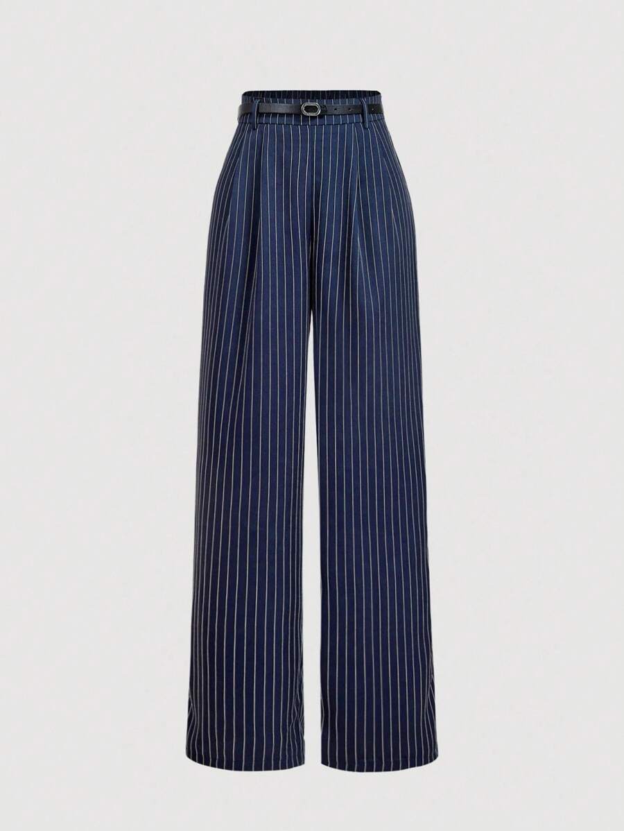 SHEIN MOD Women's Navy Blue Striped Waist Wide Leg Formal Trousers With Belt,Vintage,Business Casual Woman,Elegant,Goth,Teacher,Old Money Style Women,Back To School,Teacher Outfits For Women,Office Outfits For Women In Fall/Winter