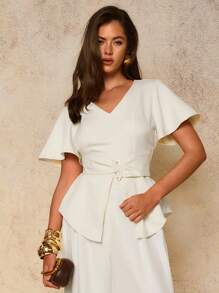 COSMINA Ropa de mujer de otoño, blusa elegante de mujer con cuello en V y botones metálicos en la cintura, para uso diario en las cuatro estaciones, blusas para salir, casual de negocios para mujer