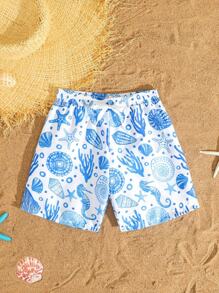 小男孩度假风格印花抽绳沙滩短裤，家庭装妈妈和我（4 件单独出售）