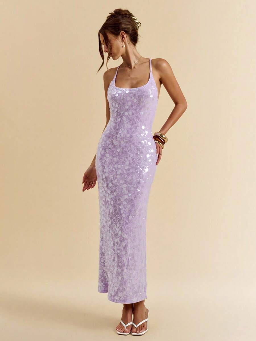 SHEIN BAE Summer Sexy Gorgeous Mint Green Sequins Boho Beach Vacationconcert Outfit Women Halter Neck Summer Dress,Summer Outfits For Women,Club Outfits Women Sexy,Sparkle Vacation Dress, Party Dress,Fall Wedding Guest Dress