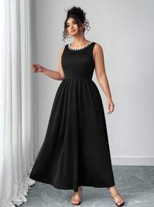 SHEIN Elenzya 大码女式黑色针织紧身珍珠边无袖优雅连衣裙，适合约会或派对 - 黑色 - 查看 3