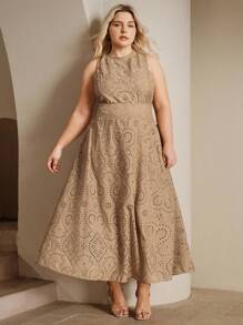 Anewsta 大码女式两件套优雅刺绣无袖上衣和裙子 - 卡其色 - 查看 6