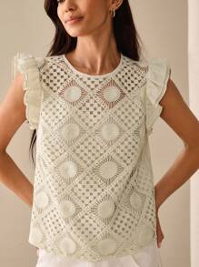 Lilora 女士优雅荷叶边针织拼布上衣，适合工作，都市风格荷叶袖刺绣上衣，都市休闲，浪漫优雅，外出 - 杏色 - 查看 8