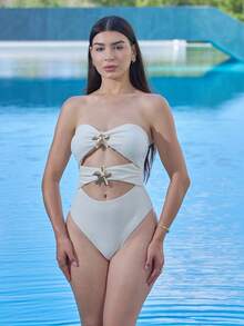 Andrea Bello Đồ bơi một mảnh họa tiết sao biển kim loại khoét rỗng gợi cảm cho nữ, trang phục đi nghỉ - Màu be - Xem 4