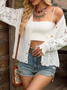 LanaWest Women's V-Neck Hollow Lace Sleeve Lightweight Cardigan Fall Winter Cloth For Women - White - View 1