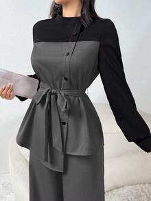 Mulvari 2 件套拼色不对称下摆休闲通勤装 2 件套 - 深灰色 - 查看 4