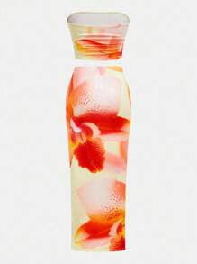 Girlism 2 件套少女黄色热带印花度假风格修身抹胸和长裙套装 - 黃色 - 查看 2