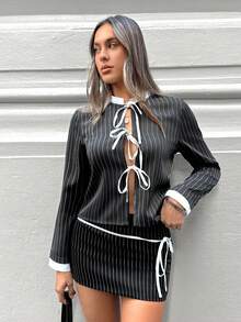 Siren Gaze Top décontracté à manches longues avec col contrastant à rayures grises et nœud papillon, style business décontracté automnal pour femme. Top de base pour sortir, convient aux enseignantes pour la rentrée scolaire. Top rayé à nouer devant, décontracté, pour un port quotidien en hiver. - Multicolore - Voir 7