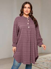 Veilorie Plus Size Women's Solid Color Drop Shoulder Long Sleeve Button Half-Placket Long Casual Shirt, Fall - Dusty Purple - View 2