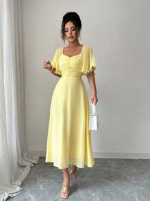 Modelyn فستان صيفي إجازي فرنسي، من الشيفون ذو تصميم بتنجيد مكشكش باللون الأصفر الزبداني الثابت - أصفر - مشاهدة 4