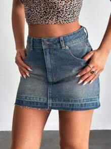 EURMUSE 低腰斜口袋 Y2K 迷你牛仔裙 - 藍色 - 查看 3