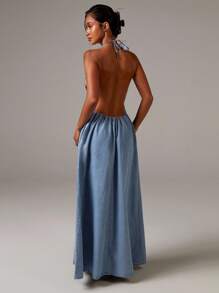 Athîral Denim Women's Chambray Denim Halterneck Backles Maxi Dress,Fall Women Clothes,Holiday,Vintage Dress,Modest Dresses For Women - Light Wash - View 2