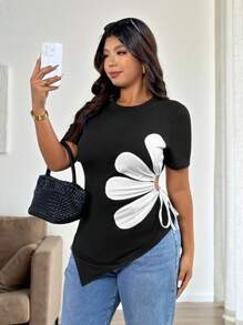 Elenzga Camiseta de Gola Redonda de Manga Curta Plus Size, Moda para o Verão - Preto - Visão 1