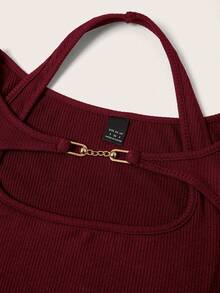 SHEIN EZwear 女士秋冬Y2K罗纹针织二合一喇叭长袖上衣镂空长袖露脐上衣，红色上衣 - 酒紅色 - 查看 5