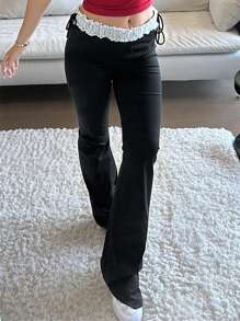 DAZY Vintage sexy taillentiefer ausgestellter Damenhose, passgenau und dehnbar - Schwarz - Übersicht 4