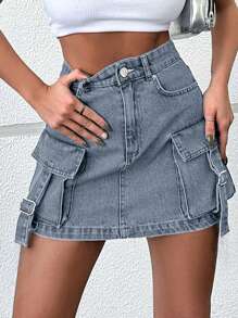 EURMUSE Women's Casual Washed Denim Cargo Mini Skirt - Light Wash - View 3