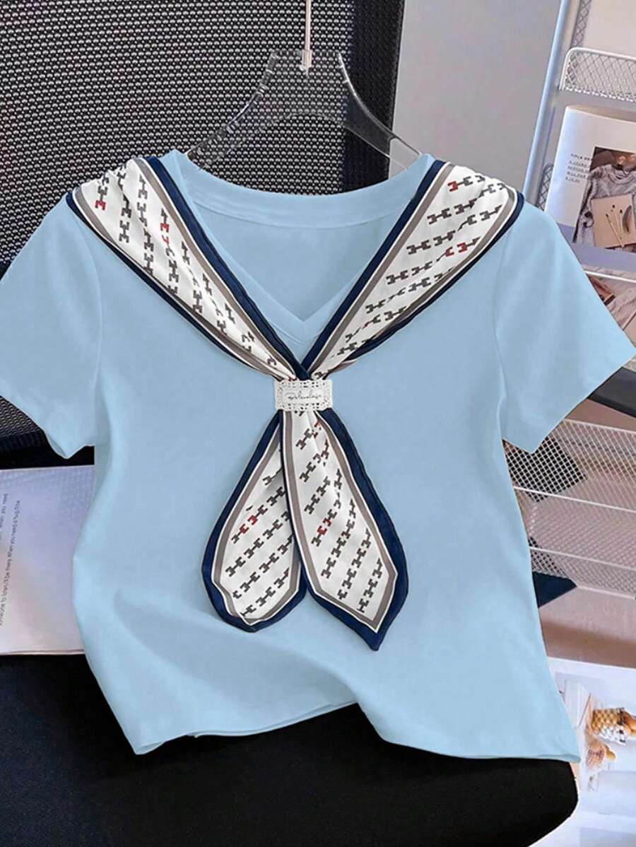 Franclia 女士休闲V领短袖T恤,蝴蝶结设计,适合夏季大学穿着 - 淺藍色 - 查看 1