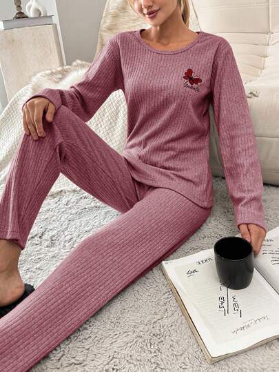 EURMUSE Butterfly & Letter Embroidery Ribbed Knit Homewear Set