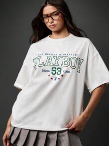 Missguided x Playboy 大學校隊風圖案印花T恤 芝加哥伊利諾州街頭風寬鬆版圓領休閒個性上衣 校園風寬大T恤 現代學生款 - 白色 - 查看 5