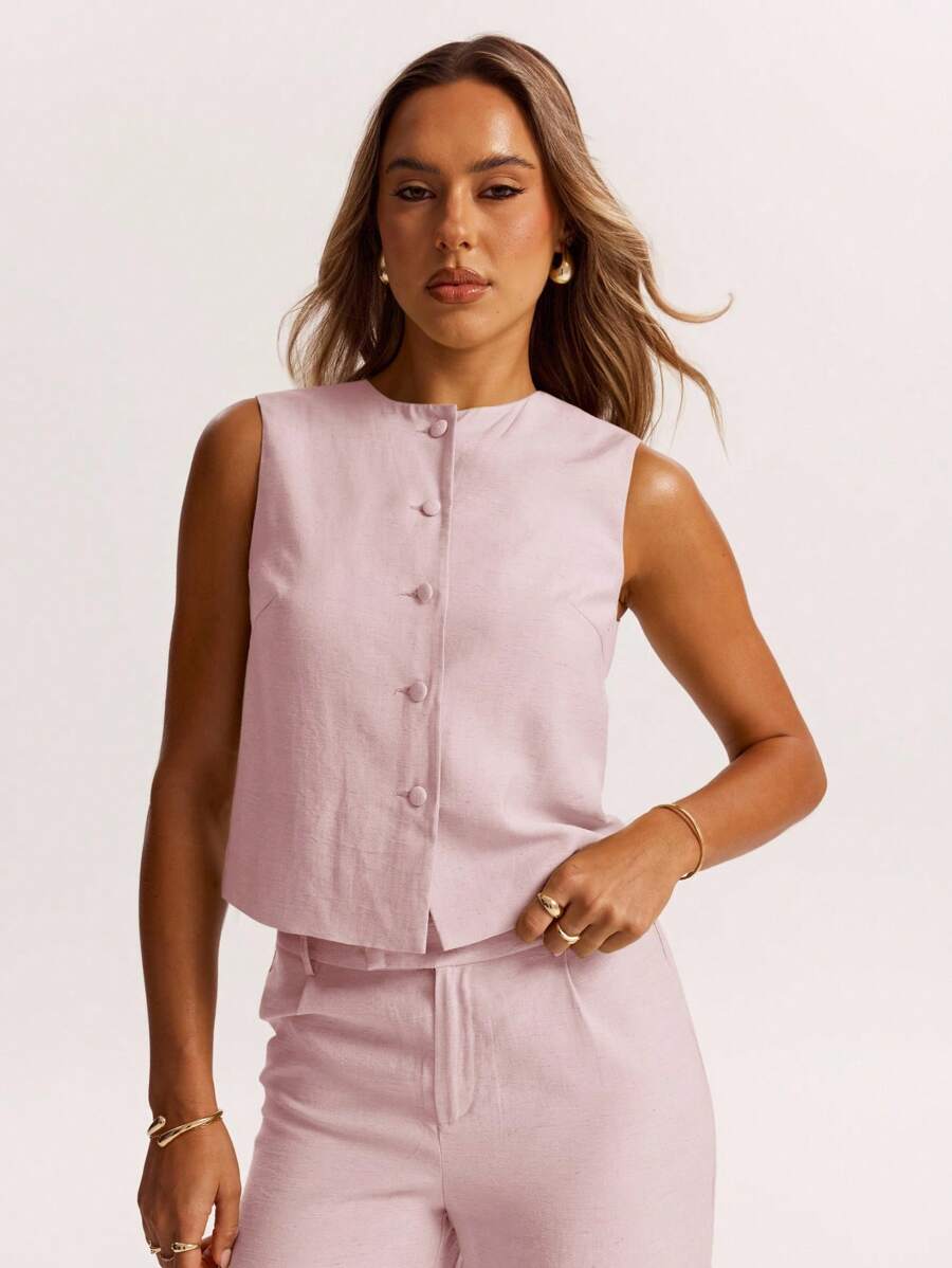 SHEIN BAE 1 chiếc áo không tay cài nút đơn giản thoải mái bằng vải lanh, thích hợp cho bữa sáng muộn, đi chơi, hẹn hò, đi làm, đi du ngoạn dành cho nữ, áo cánh dành cho nữ, mùa hè - Màu Hồng baby - Xem 1