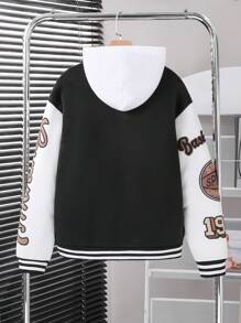 SHEIN Teen Boy Fashion Casual Vacation Colorblock Letter Print Jacket Chic Outfits For Autumn/Winter Fall - Black and White - View 2