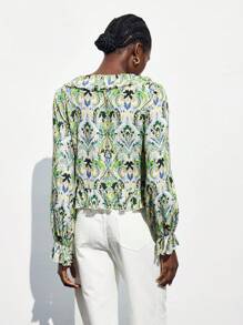 Maija Blusa de manga larga con estampado retro de tótem, con lazo delantero, ribete de volantes, top de estilo bohemio para mujeres - Multicolor - Ver 4