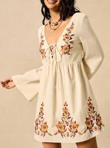 Easelle 女式春夏波西米亚风格花卉刺绣图案系带长袖连衣裙 - 米色 - 查看 5