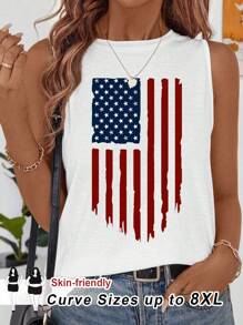 SHEIN CURVE+ Plus Size Cami And Tank Tops, Casual Minimalist Plus Size National Flag Graphic Print Crew Neck Tank Top Suitable For Summer - Multicolor - View 1