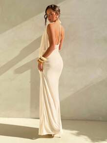 Aloruh Deep Draped Neck Sleeveless Apricot Mesh Knit Bodycon Dress, Wedding Style,Fall Wedding Guest Dress - Apricot - View 8