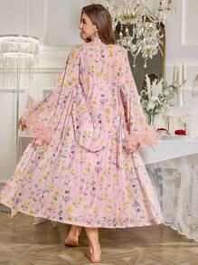 Slumberist Bộ 2 váy dài in họa tiết hoa lưới tay rộng sang trọng mùa cưới kèm lông vũ trang trí, váy ngủ và áo choàng, đồ ngủ bằng vải satin, - Hồng - Xem 2