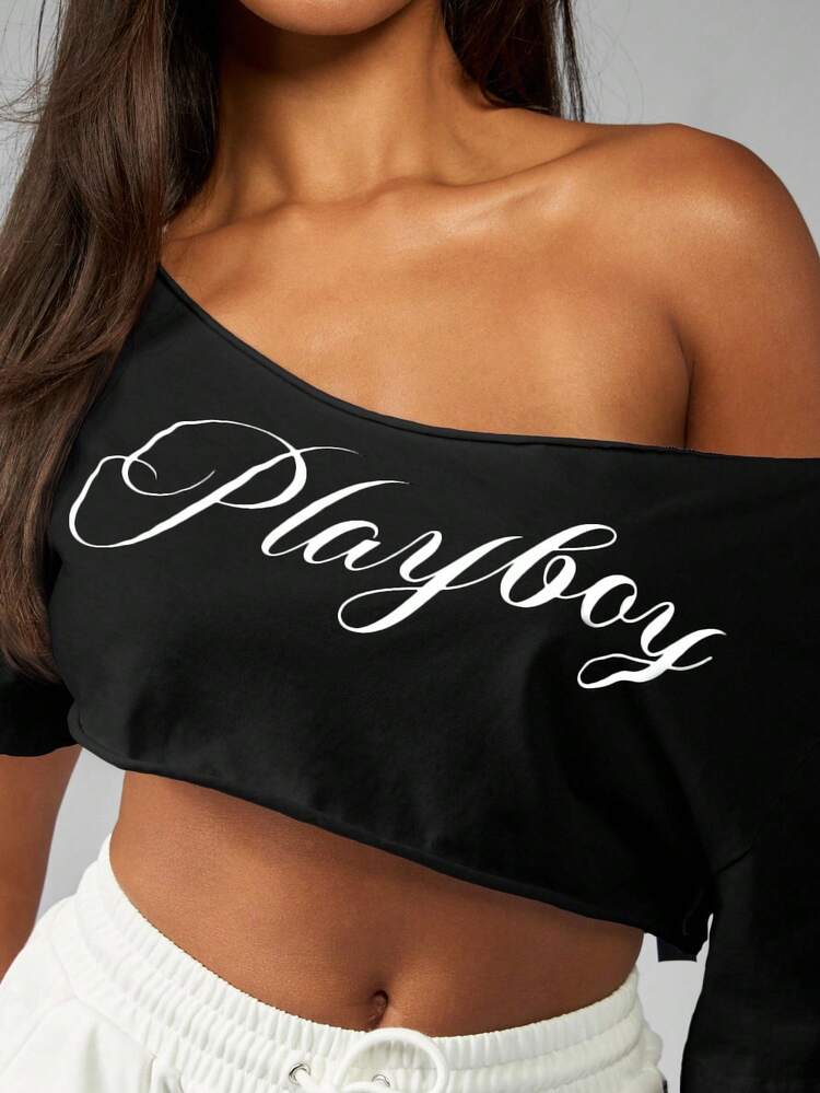 Missguided x Playboy Off The Shoulder Script Logo Crop Top Women Long Sleeve Stylish Cut Out Design Fashion Casual Spring Summer Fall Streetwear