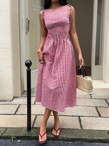 MainGRL Casual Red And White Gingham Sleeveless A-Line Midi Dress With Ruffle Hem Red Gingham Dress Picnic Outfit Women - Red and White - View 4