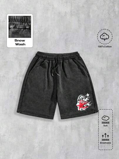 Street Life شورت بطباعة نجمة خماسية وبلورة الثلج للرجال، مناسب للارتداء اليومي، فصل الربيع/الصيف