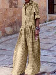 Women's New Plaid Collar Long Sleeve Casual Jumpsuit