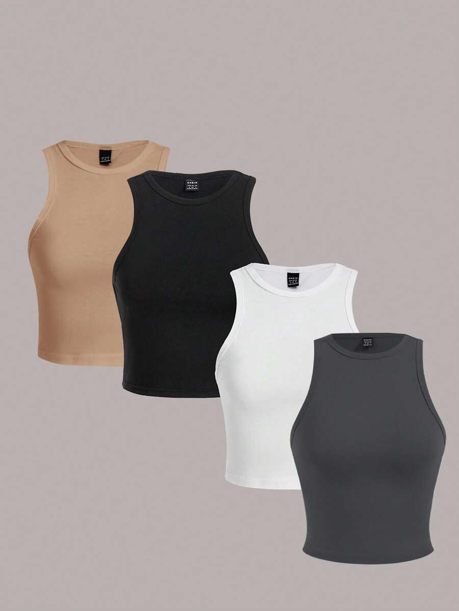 SHEIN Essnce 4 件套休闲纯色百搭女士短款紧身吊带背心，适合夏季