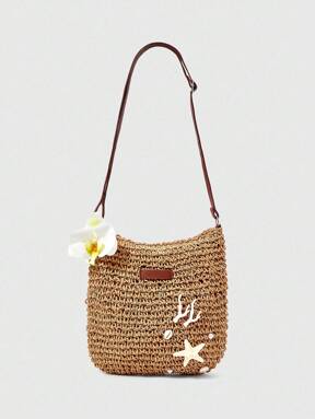 Fairycore 1pc Beige Star Woven Beach Bag With Accessories, Fashionable Personalized Beach Holiday Style Women Shoulder Bag (Includes 1 Bag And 1 Accessory Set)