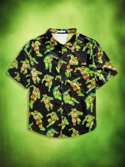 TEENAGE MUTANT NINJA TURTLES | SHEIN Plus Size Men's Cartoon Turtle Pattern Front Button Short Sleeve Shirt