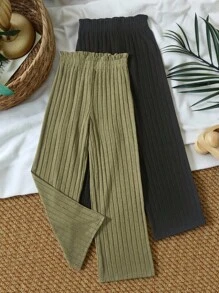 SHEIN Vintaside Kids Chica preadolescente 2 piezas Pantalones de pierna ancha de cintura con volante tejido de canalé - Multicolor - Ver 9