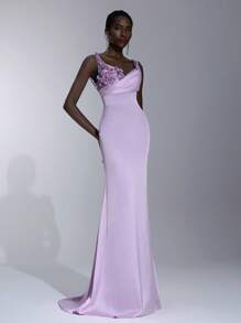 Elitara Vestido de Gala Formal Elegante com Lavanda Brilhante em Cetim Acetinado, Decote em V, Costura Manual com Flores 3D no Ombro, Franjas e Cauda de Sereia, Adequado para Encontros, Férias, Casamentos, Formaturas, Eventos Formais e Gala