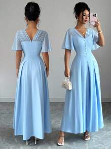Elenzga Nuevo vestido casual y ligero de mujer con cuello en V de gasa, manga con volantes, botones al frente y dobladillo plisado, adecuado para ir al trabajo, citas, vacaciones y uso diario versátil, con efecto estilizador de la cintura y elegante