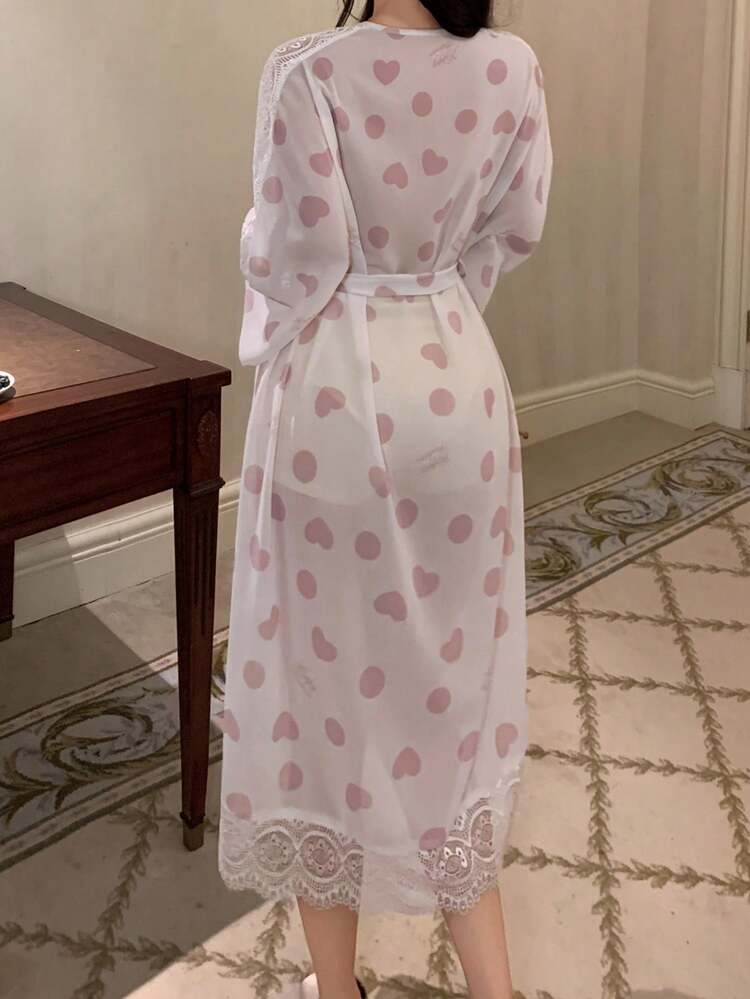Women's Heart Print Thin Chiffon Fabric Bathrobe Pajama