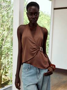 Lumivelle 无袖不对称下摆露背吊带上衣，夏季时尚 - 白色 - 查看 4