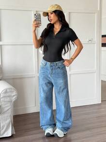 SHEIN Sports 女式简约纯色修身短袖连体衣，夏季 - 黑色 - 查看 1
